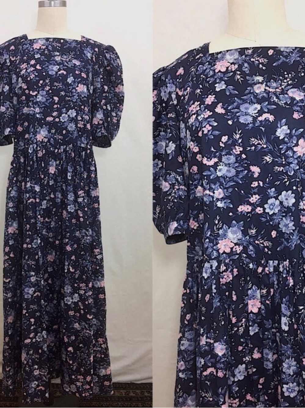 Vintage 1980's Laura Ashley Navy Puff-Sleeve Maxi Dress Rare XL Size